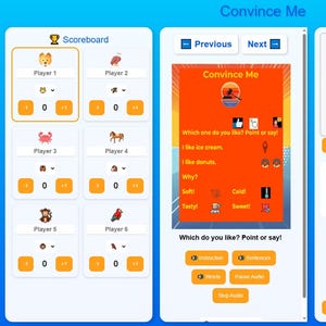 Op de afbeelding: Digitale spelinterface met een blauw en oranje kleurenschema. Het spel heet "Convince Me" en bevat een scorebord, spelprompts en instructies. Het spel heeft een coin flip om te beginnen en een "Volgende beurt"-knop.