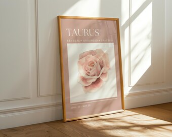 Taurus Zodiac Poster, Birth Sign Print with Watercolor Flower, Taurus Birthday Gift, Astrology Wall Art, Botanical Wall Art