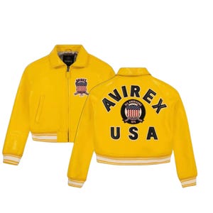 Handmade Kids Avirex USA Leather Bomber Jacket | Yellow Embroidered Genuine Cowhide Jacket for Toddlers | Kids Avirex Coat | Winter Gift image 3