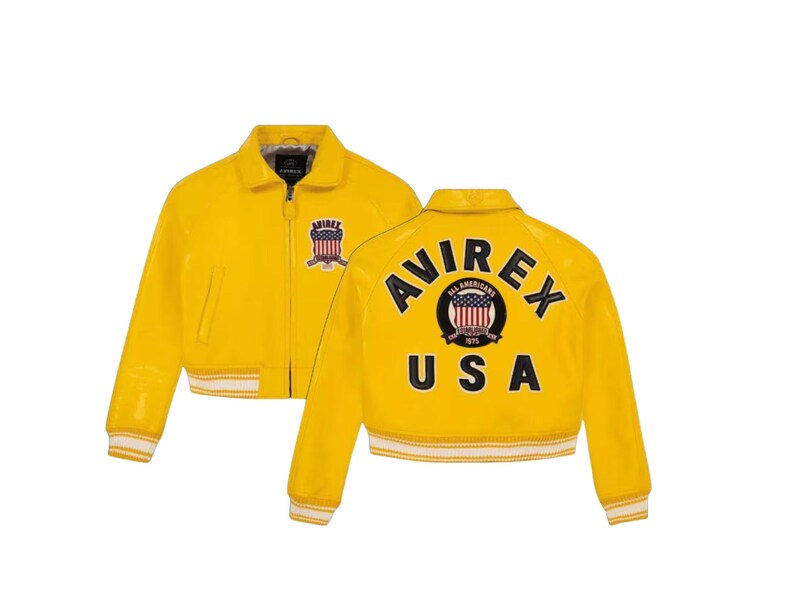 Handmade Kids Avirex USA Leather Bomber Jacket | Yellow Embroidered Genuine Cowhide Jacket for Toddlers | Kids Avirex Coat | Winter Gift image 3