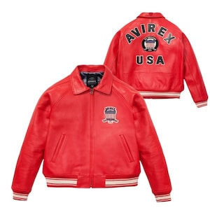 Handmade Men&#39;s Avirex USA Icon Genuine Cowhide Red Varsity Bomber Style Leather Jacket