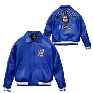 Handmade Men’s Avirex USA American Bomber Flight Genuine Cowhide Blue Leather Jacket