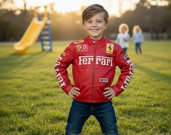 Handgefertigte Kids Ferrari Racing Lederjacke | Rot bestickte echte Rindslederjacke für Kleinkinder | Kinder Ferrari Mantel | Winter Geschenk
