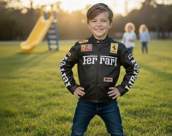 Handcrafted Kids Ferrari Racing Leather Jacket | Black Embroidered Genuine Cowhide Jacket for Toddlers | Kids Ferrari Coat | Winter Gift