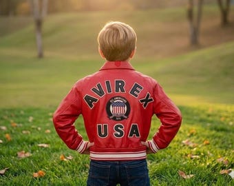 Handmade Kids Avirex USA Bomber Leather Jacket | Red Embroidered Genuine Cowhide Jacket for Toddlers | Kids Avirex Coat | Winter Gift