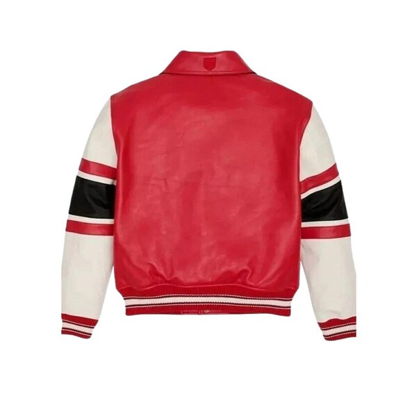 ハンドメイドのアビレックスレッドレザーボンバージャケット：刺繍入り