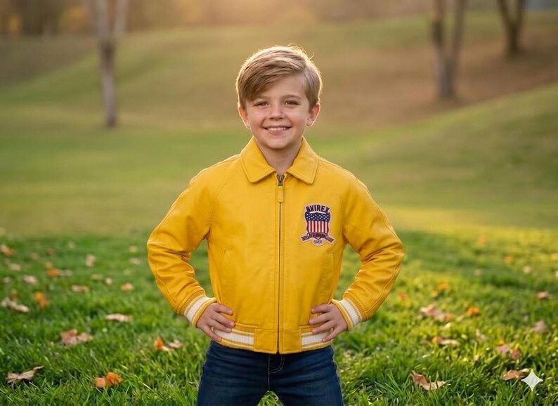 May include: A yellow leather jacket with a zipper closure and a patch on the chest. The jacket has white and light blue striped cuffs and a white stripe at the bottom. The jacket is paired with blue jeans.