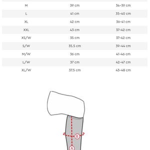 May include: Size chart with measurements in centimeters for leg coverings. Sizes range from XS to XXL, with corresponding lengths from 35 cm to 43 cm and widths from 31 cm to 48 cm. The chart includes XS/W, S/W, M/W, L/W, and XL/W sizes.