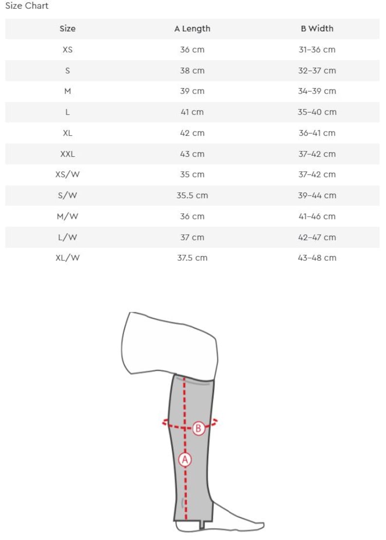 May include: Size chart with measurements in centimeters for leg coverings. Sizes range from XS to XXL, with corresponding lengths from 35 cm to 43 cm and widths from 31 cm to 48 cm. The chart includes XS/W, S/W, M/W, L/W, and XL/W sizes.