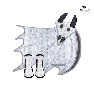 Dragon Saddle Pad Set – Quilted Silver Saddle Pad, Fly Bonnet & Leg Boots | Fantasy Equestrian Gear