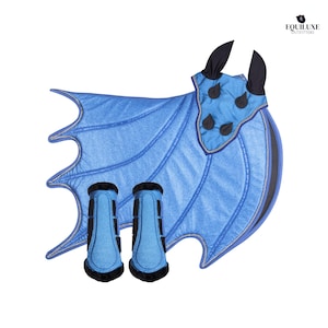 Dragon Saddle Pad Set — Lite Blue Sparkle Saddle pad, Ear Bonnet And Boots | Horse Costume for Halloween | Unique Equestrian Tack
