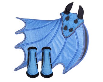 Blue Dragon Wing Saddle Pad Set with Sparkly Ear Bonnet and Boots