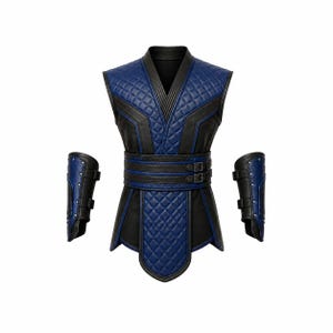 May include: A sleeveless vest featuring a blue quilted pattern with black trim and a wide waist belt with two buckles, accompanied by two matching blue and black forearm guards with silver-toned studs and adjustable side straps.