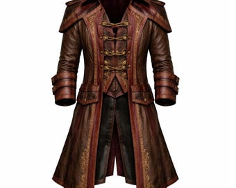 Medieval Pirate Leather Jacket with Embroidered Detailing Cosplay Renaissance Pirate Coat