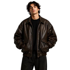 Oversized 90s Bomber Leather Jacket Vintage Leather Bomber for Men Classic Biker Jacket Brown Leather Outerwear
