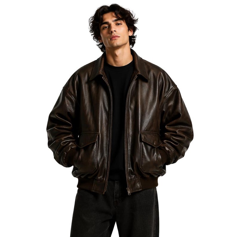 Oversized 90s Bomber Leather Jacket Vintage Leather Bomber for Men Classic Biker Jacket Brown Leather Outerwear