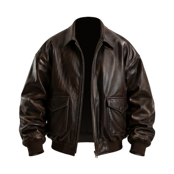 Oversized 90s Bomber Leather Jacket Vintage Leather Bomber for Men Classic Biker Jacket Brown Leather Outerwear
