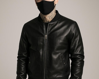 Unisex Black Faux Leather Bomber Jacket: Slim Fit Flight Coat