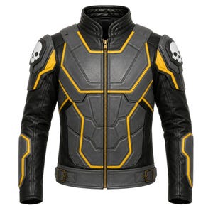 May include: A black leather jacket featuring gray padded panels with yellow piping, a central gold-tone zipper, and white skull emblems on each shoulder. The jacket includes structured shoulder and forearm armor, a high collar, and adjustable waist straps.