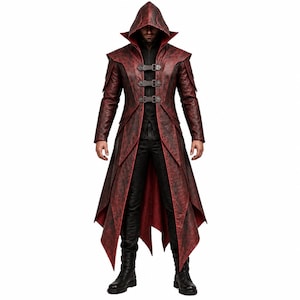 Puede incluir: Un abrigo largo con capucha en un acabado rojo oscuro desgastado, con cuello estructurado, dobladillo puntiagudo y tres cierres de hebilla horizontales en el pecho. La prenda se lleva sobre una camisa, pantalones y botas de color negro.