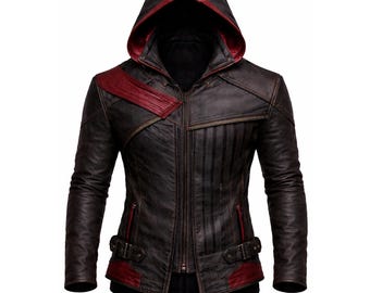 Ermic Assassin-Inspired Leather Hoodie Jacket with Red Accent Straps for Men Cosplay & Casual Style
