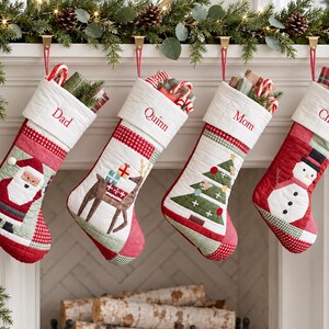 Custom Name Patchwork Christmas Stocking, Quilted Snowman Appliqué Family Stocking for Mantel Decor, Xmas Gift