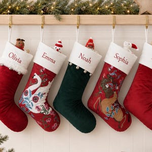 Embroidered Name Christmas Stockings, Velvet Bells Stocking, Deer & Swan Appliqué Stocking, Family Mantel Holiday Gifts