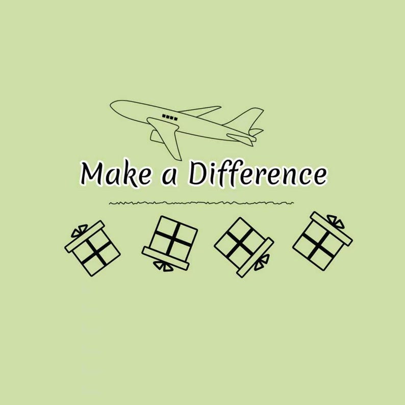 Puede incluir: Un gr&aacute;fico verde claro que presenta un dibujo lineal negro de un avi&oacute;n sobre el texto "Make a Difference" en una fuente serif negra. Debajo del texto, cuatro cajas de regalo dibujadas con l&iacute;neas negras y lazos est&aacute;n alineadas.