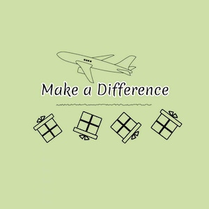 Puede incluir: Un gr&aacute;fico de color verde claro que presenta un dibujo lineal negro de un avi&oacute;n sobre el texto "Make a Difference" en una fuente serif negra, con cuatro cajas de regalo dibujadas con l&iacute;neas negras dispuestas en fila bajo el texto.