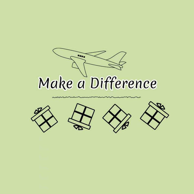Puede incluir: Un gr&aacute;fico de color verde claro que presenta un dibujo lineal negro de un avi&oacute;n sobre el texto "Make a Difference" en una fuente serif negra, con cuatro cajas de regalo dibujadas con l&iacute;neas negras dispuestas en fila bajo el texto.