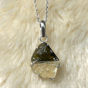 Raw Moldavite & Libyan Glass Pendant: 925 Sterling Silver, Handmade
