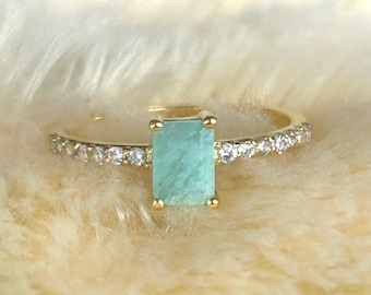Anello in argento sterling placcato oro con amazzonite: pietra preziosa ottagonale