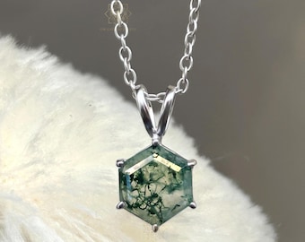 Natural Moss Agate Hexagon Necklace: 925 Sterling Silver Pendant