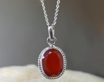 Natural Red Yemeni Aqeeq Necklace: 925 Sterling Silver Handmade Pendant