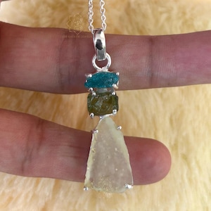 Raw Moldavite & Libyan Glass Pendant: 925 Sterling Silver, Handmade Apatite Crystal Jewelry