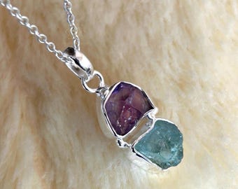Genuine Raw Aquamarine & Amethyst Necklace: 925 Sterling Silver Pendant