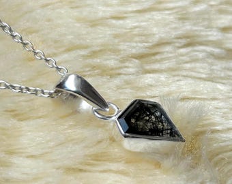 Black Rutilated Quartz Pendant Necklace: Pentagon Solitaire, Sterling Silver