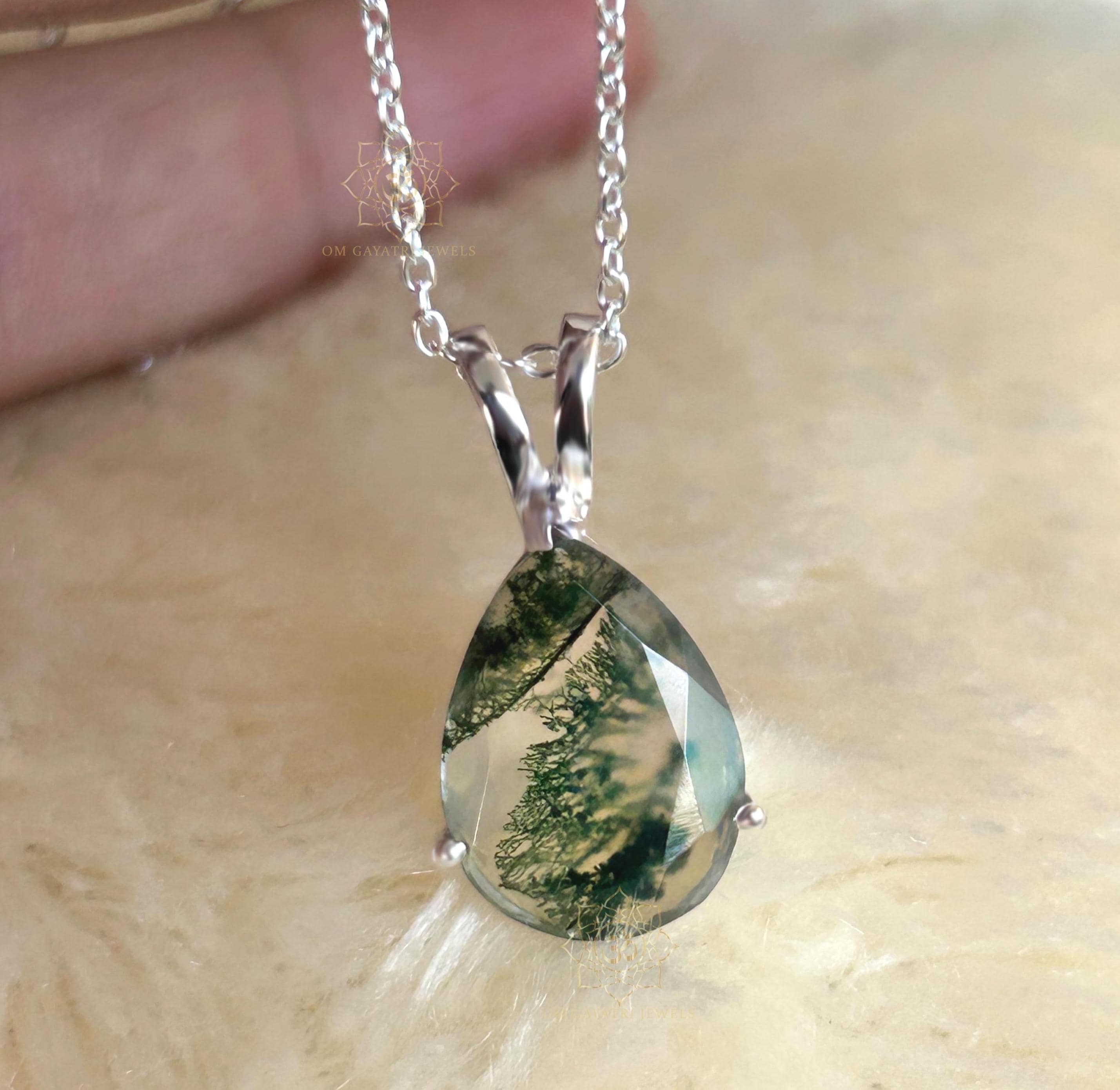 Natural Pear Moss Agate Pendant: 925 Sterling Silver Handmade Necklace