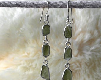 Raw Moldavite Earrings: 925 Sterling Silver, Tektite Gemstone Earrings