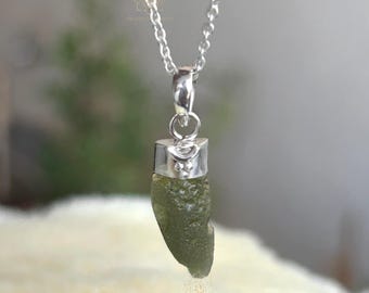 Raw Czech Moldavite Necklace: 925 Sterling Silver Pendant