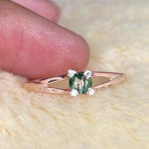 Moissanite & Moss Agate Engagement Ring - Sterling Silver Gemstone Ring
