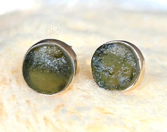 Moldavite Stud Earrings: 925 Sterling Silver Raw Tektite Earrings