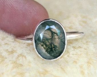 Oval Cut Moss Agate Ring: 925 Sterling Silver Handmade Jewelry