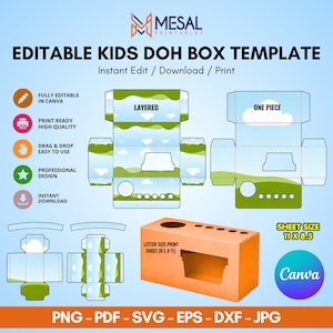 Kids-Doh Box Mall Canva Redigerbar Festgåva Mall Play Dough Aktivitetsask Omslag Barnfödelsedag Utskrivbar Förpackning Cricut DIY