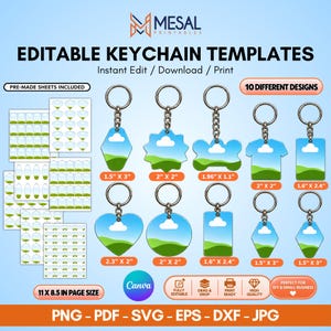Puede incluir: Plantillas digitales editables para llaveros con 10 formas distintas y un gráfico de cielo azul y colinas verdes. Incluye hojas prefabricadas, compatibilidad con Canva y dimensiones en pulgadas de 1.5" x 3" a 2.3" x 2". Formatos PNG, PDF, SVG, EPS, DXF y JPG.
