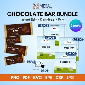 May include: A digital chocolate bar bundle template featuring four brown chocolate bar wrappers with text and graphics. The set includes editable layouts for 1.45 oz, 1.5 oz, 1.55 oz, and 2.6 oz sizes, with drag and drop functionality for custom designs.
