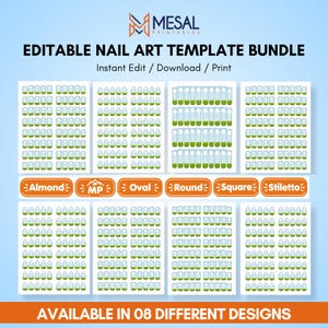 Pode incluir: Um pacote de modelos editáveis de nail art com várias folhas de formatos de unhas, incluindo amêndoa, oval, redondo, quadrado e estilete. O texto diz MESAL PRINTABLES, EDITABLE NAIL ART TEMPLATE BUNDLE, Instant Edit / Download / Print e AVAILABLE IN 08 DIFFERENT DESIGNS.