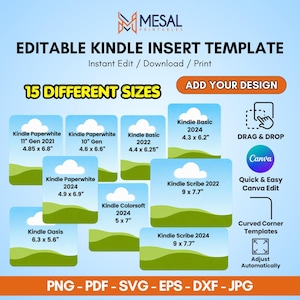 Könnte beinhalten: Eine bearbeitbare Kindle-Einlagevorlage mit 15 verschiedenen Größen für diverse Modelle, darunter Kindle Paperwhite 11. Gen 2021 12,3 x 17,3 cm, Kindle Basic 2022 11,2 x 15,9 cm und Kindle Scribe 2022 22,9 x 19,6 cm in PNG, PDF, SVG, EPS, DXF, JPG.