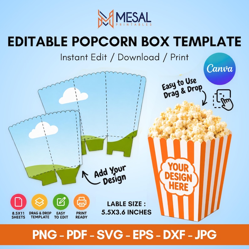 Popcorn Thinking Box Popcorn Box Template Canva Editable Popcorn Holder Template Movie Night ...