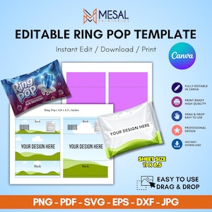 Puede incluir: Una plantilla digital editable de Ring Pop que incluye un gráfico de envoltorio de caramelo de frambuesa azul, una hoja imprimible blanca con marcadores de posición etiquetados Your Design Here y un tamaño de hoja de 27,94 por 21,59 cm.